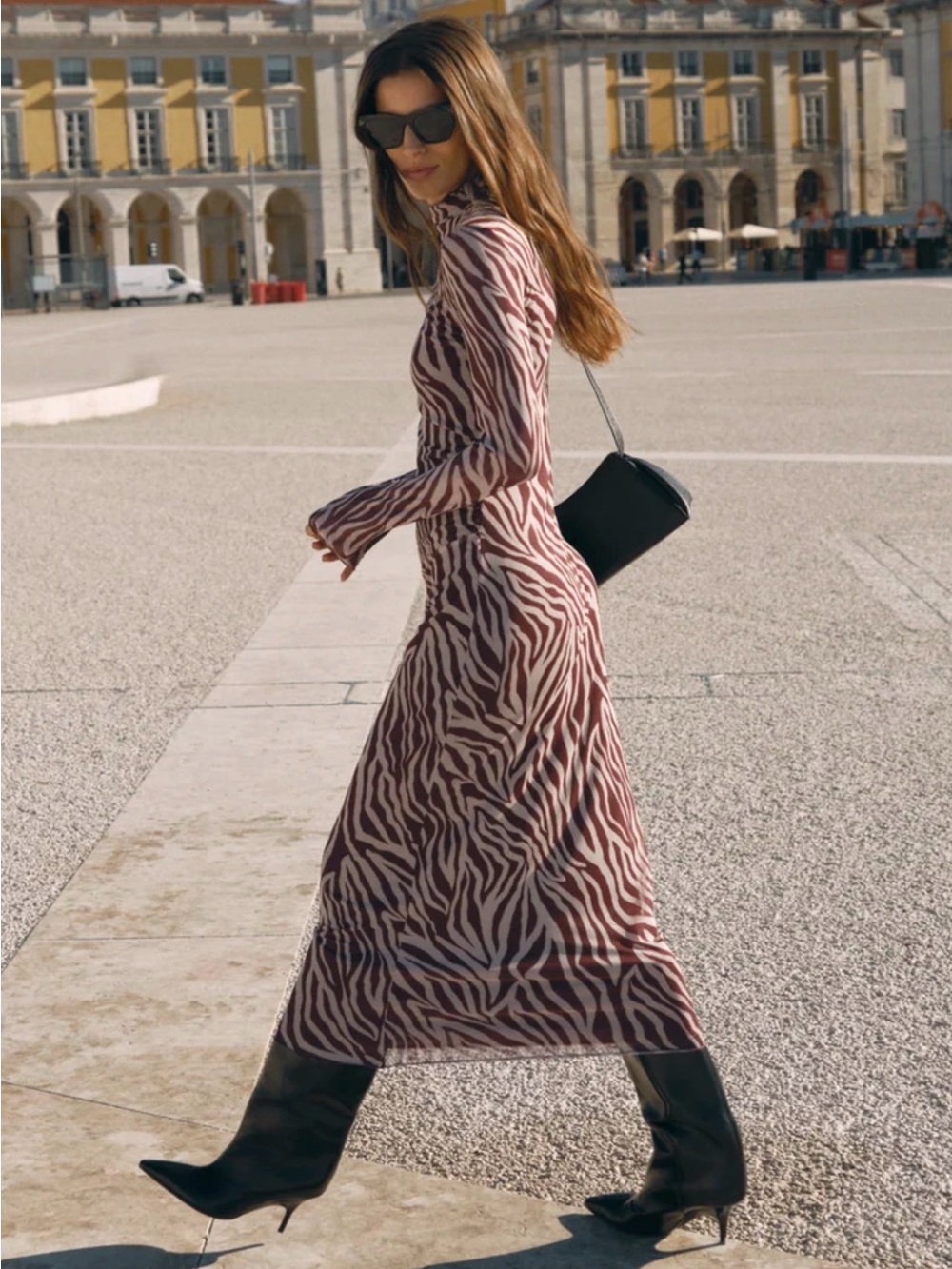 Turtleneck Zebra-Print Maxi Dress in Pink Brown